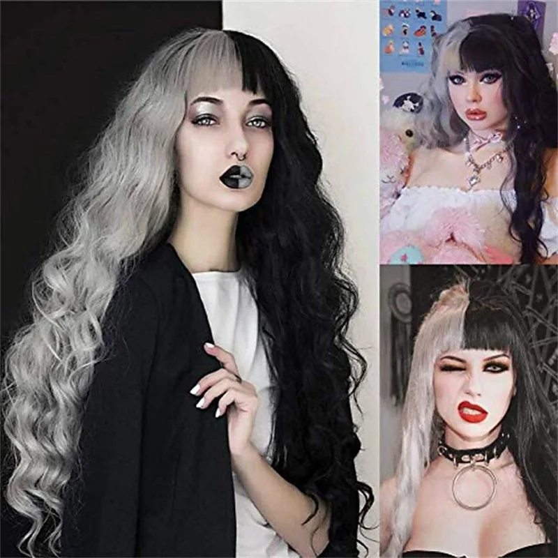 Universal COS wig long curly hair wavy color matching black gray wig bangs female full Wig high temperature wire Party Wigs