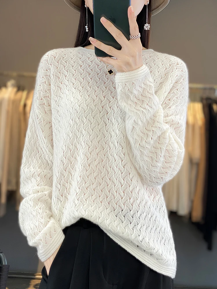 

Women Spring Autumn Cashmere Sweater Pullover Raglan Sleeve 100% Merino Wool Knitted O-neck Hollow Out Female Clothing Tops