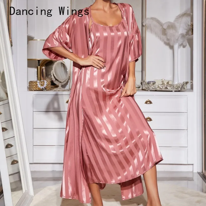 

Womens Silk Satin Stripe Robe Sets Luxury Long Sleepwear Nightgown Sexy Strap Nighty Kimono Bath Gown Autumn Female Home Wear