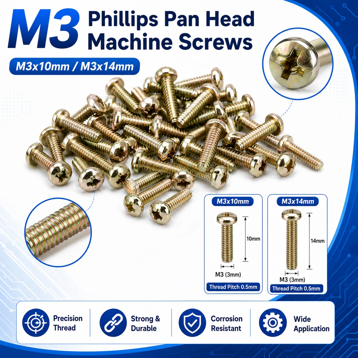 50-500Pcs M3 Phillips Pan Head Machine Screws, Carbon Steel Zinc Plated Cross Recessed Threaded Fasteners 10mm 14mm