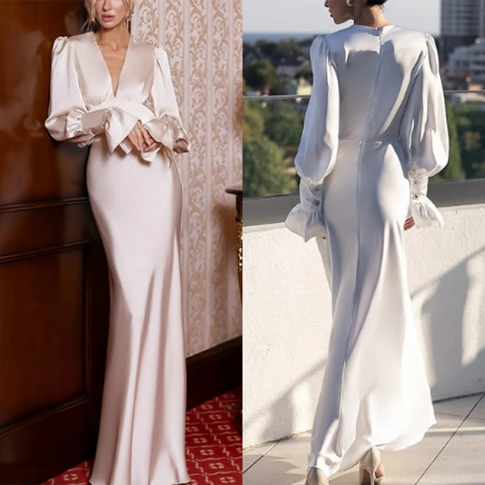 Customized V-neck White Long Dresses Full Sleeves Wedding Party Dress Pageant Dresses Women Ballkleider Vestidos De Fiesta Robe
