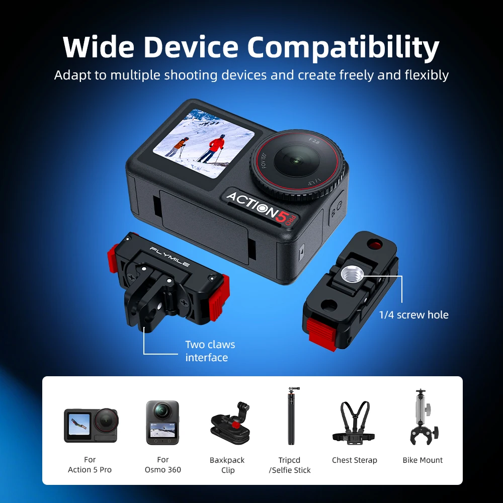 Flymile Drehbarer Magnetischer Halterungsadapter für DJI Action 5 Pro 4 3 Kamera Schnellwechselbasis mit Klappbarer Doppelkralle 1/4 Schraubenloch – Detail 5