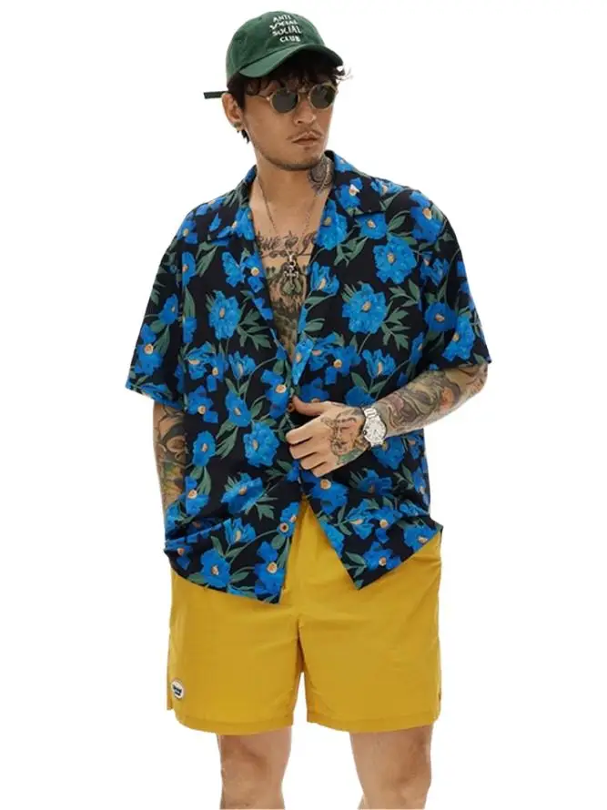 

Men's Summer Hawaiian Blue Printed Oversized Floral Shirt Plant Pattern Beach Tropic Casual Street Vacation Harajuku Clothing