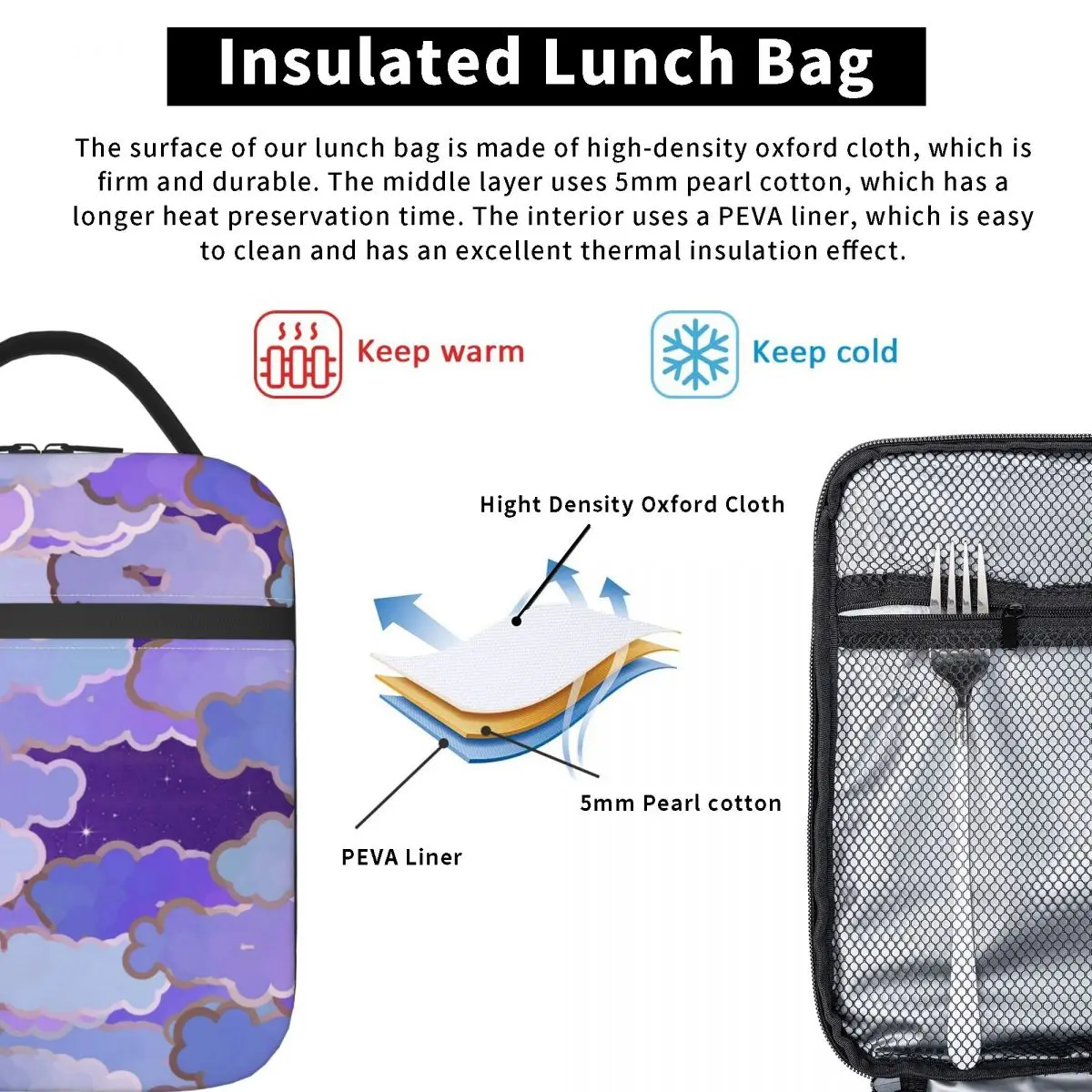 Japanese Clouds Portable Lunch Box Women Multifunction Twilight Violet Purple Cloud Cooler Thermal Food Insulated Lunch Bag Kids