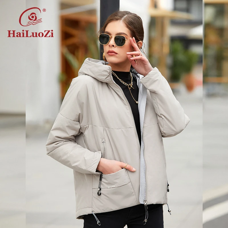 HaiLuoZi 2022 New Women\'s Jacket Spring Women Casual Short Coat Fashion Splicing Warm Brand Female Hooded Bio Cotton Parkas 7871