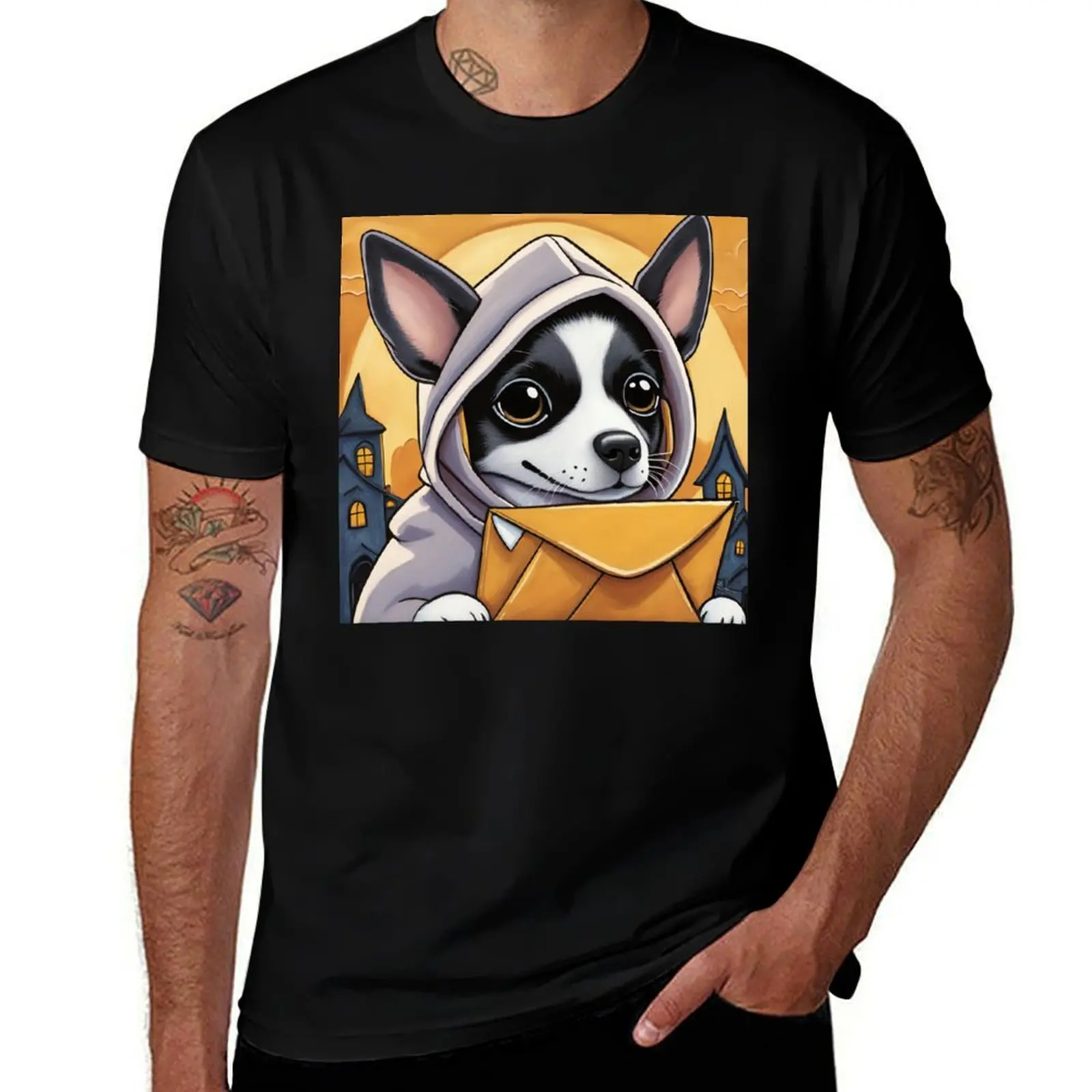 

Folk Art puppy wearing a hoodie as a postman T-Shirt shirts graphic tees Clothing hippie clothes kawaii clothes tshirts for men