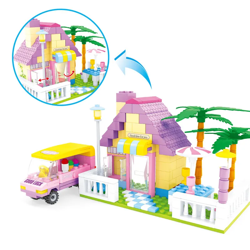 Girls Pink Beach Villa Building Blocks Set with Palm Tree Courtyard And Good Luck Snack Truck - DIY Educational Toy Kit for Kids