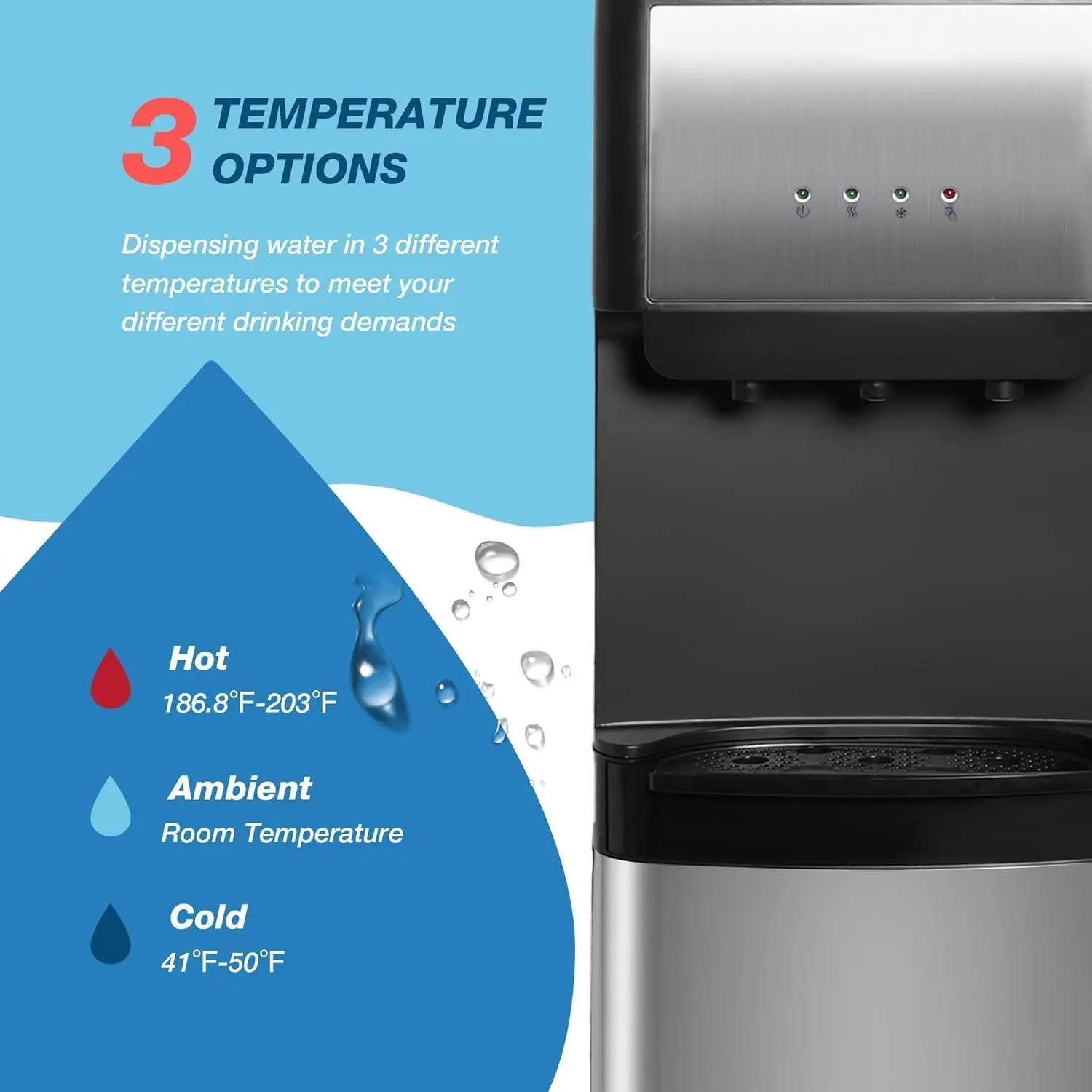 Bottom Loading Water Cooler Dispenser for 5 Gallon Bottles, 3 Temperature Spouts, Child Safety Lock, Ideal for Home, Office, and