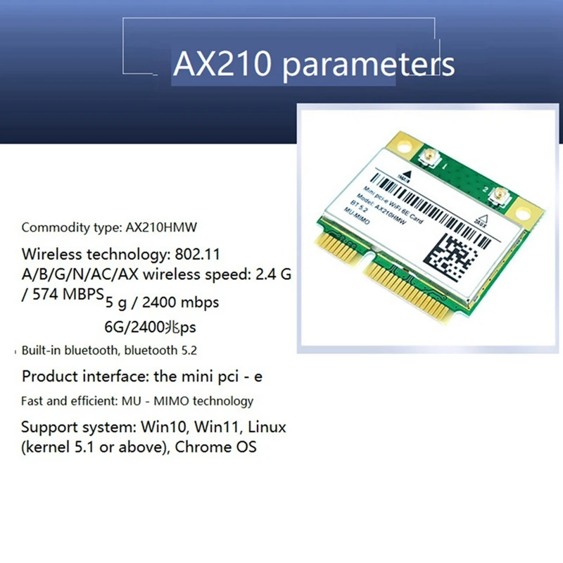 Карта Wi-Fi AX210HMW + 2 антенны Wifi 6E Mini PCI-E AX210 802.11Ax/Ac 2,4G/5G/6 ГГц BT5.2 беспроводной адаптер для ноутбука