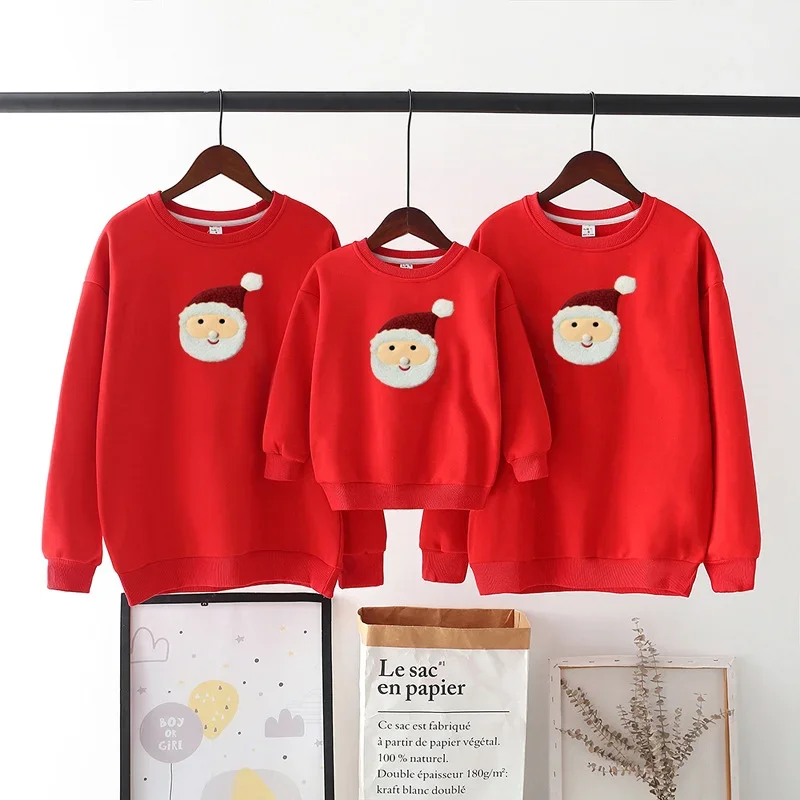 Christmas Family Matching Sweatshirts 2023 New Year Mom Dad And Son Daughter Red Winter Tops Children Santa Claus Face Clothes