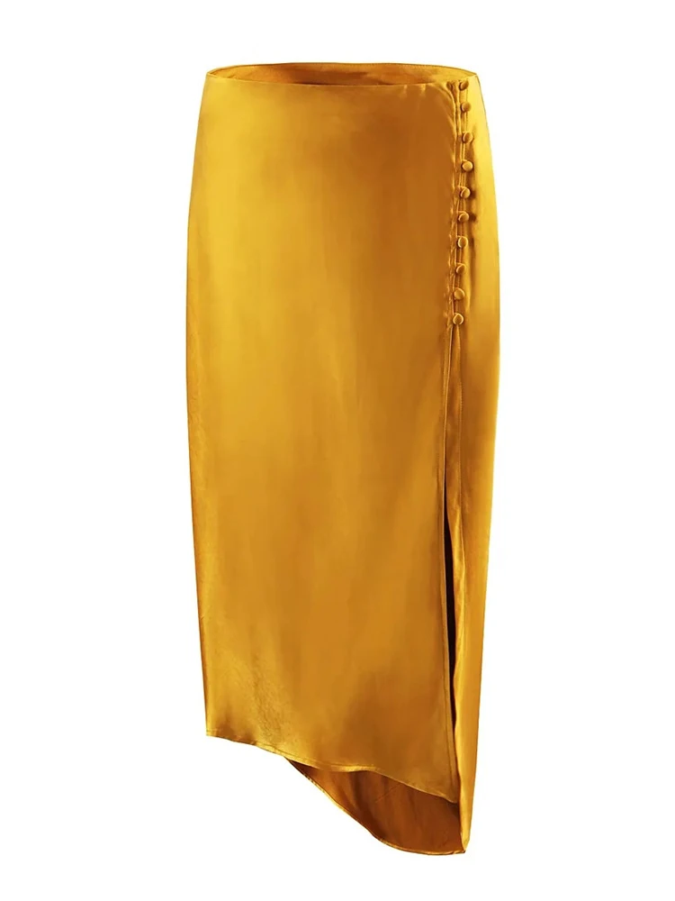 Merodi-Women's Single Breasted High Waist Long Skirts, Elegant Satin Feeling, Irregular Straight Skirt, Chic Lady, Summer