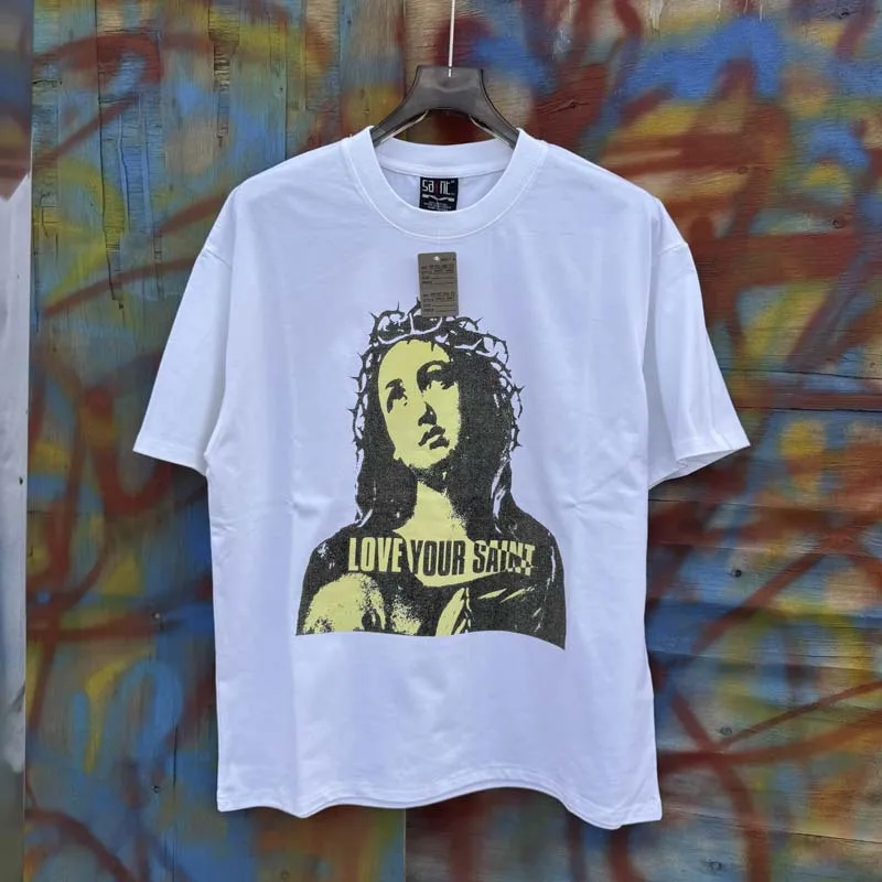 

Футболка мужская 26SS Saint Vintage с эффектом потертости и граффити-принтом, свободного кроя, с круглым вырезом, коротким рукавом, в стиле ретро-стритвир, повседневная, верхняя одежда
