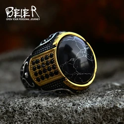 BEIER Stainless Steel Vintage Man Boy Oval part gold color Black stone Ring Fashion Jewelry Mens Accessories BR8-987