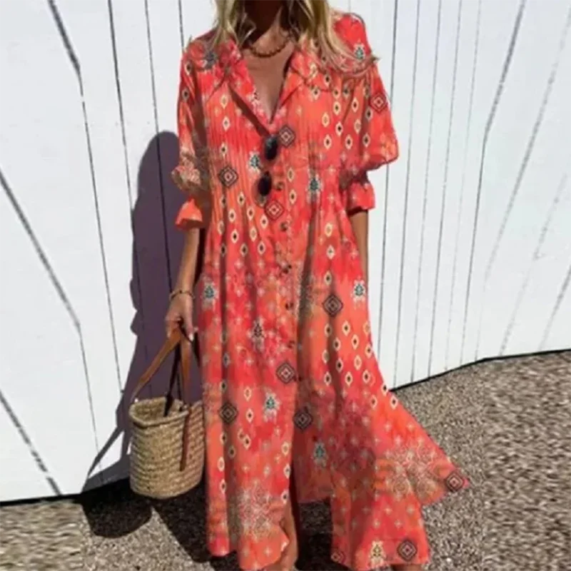 2024 Retro Pattern Printed Loose Vacation Dress New Women\'s V-neck Single Breasted Shirt Dress Casual Loose Bohemian Long Dress