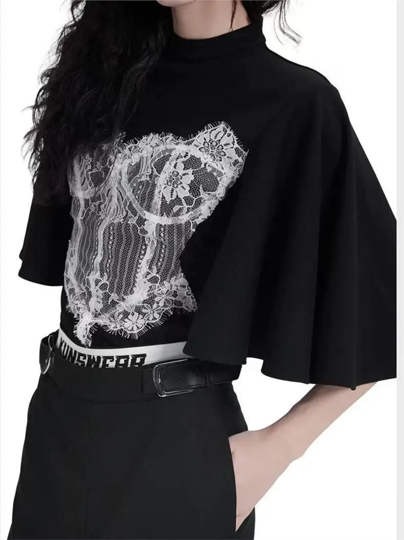 

Сексуальная круглая футболка Ne Lace Patchwork oulder Pad ort Sve, женская повседневная футболка из хлопка и полиэстера, летний топ ort Length