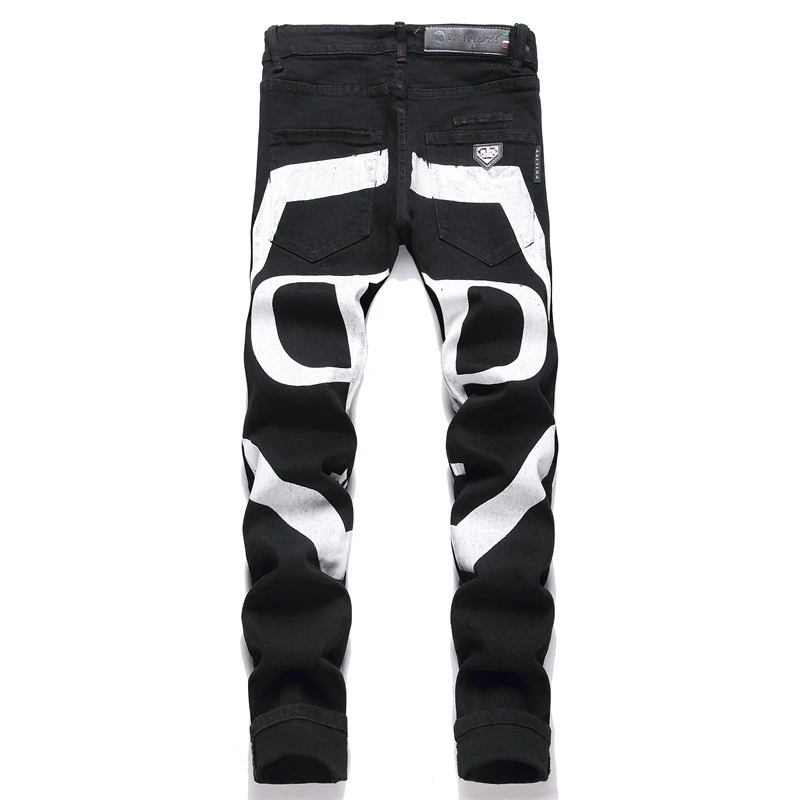 2024 Punk Print Black Men\'s Jeans Mid-Waist Slim Stretch Denim Pants Hip Hop Streetwear Fashion