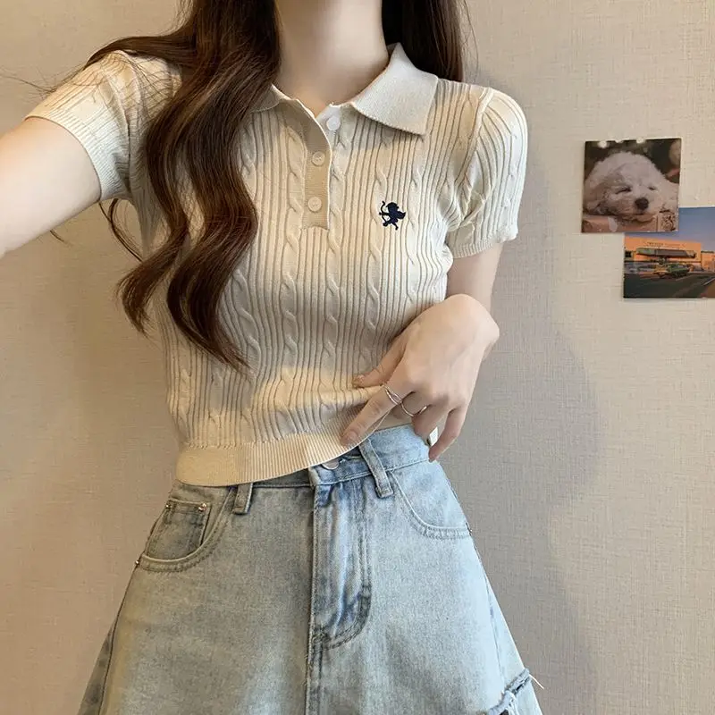 Chic Sweet and Spicy Summer French Niche Fashion Polo Collar Knitted Shirt Short-sleeved T-shirt Women's Short Slim Top