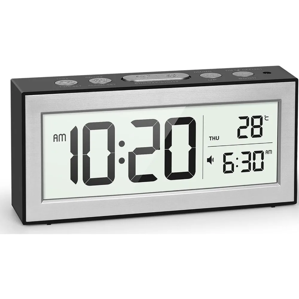 

Digital alarm clock with LED display, battery powered, night light, 5 alarm times, and automatic brightness adjustment.