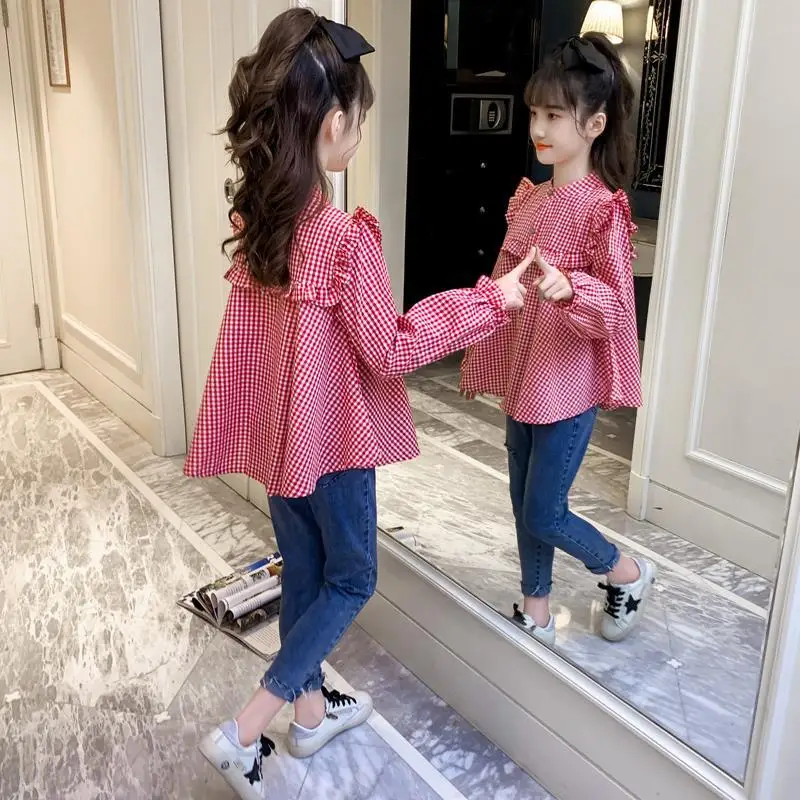 Shirts Kids Clothes Plaid Print 3-9Years Baby Long Sleeve Shirt Spring Autumn Tops Tees Shirts Children Girls Casual Blouse Q539