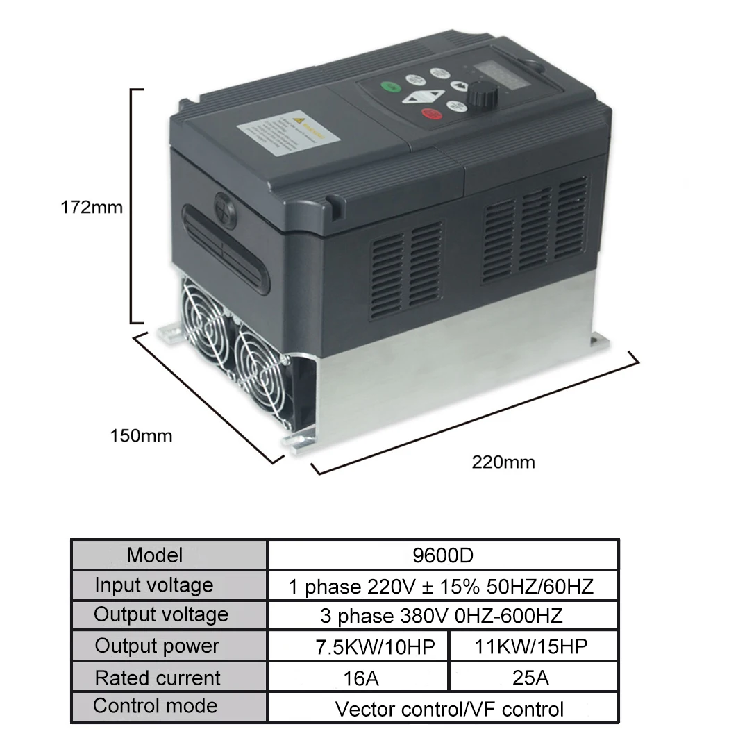 VFD 2.2KW/3HP, 5A, single-phase 220V input, three-phase 380V output, an essential frequency converter for industrial motors.