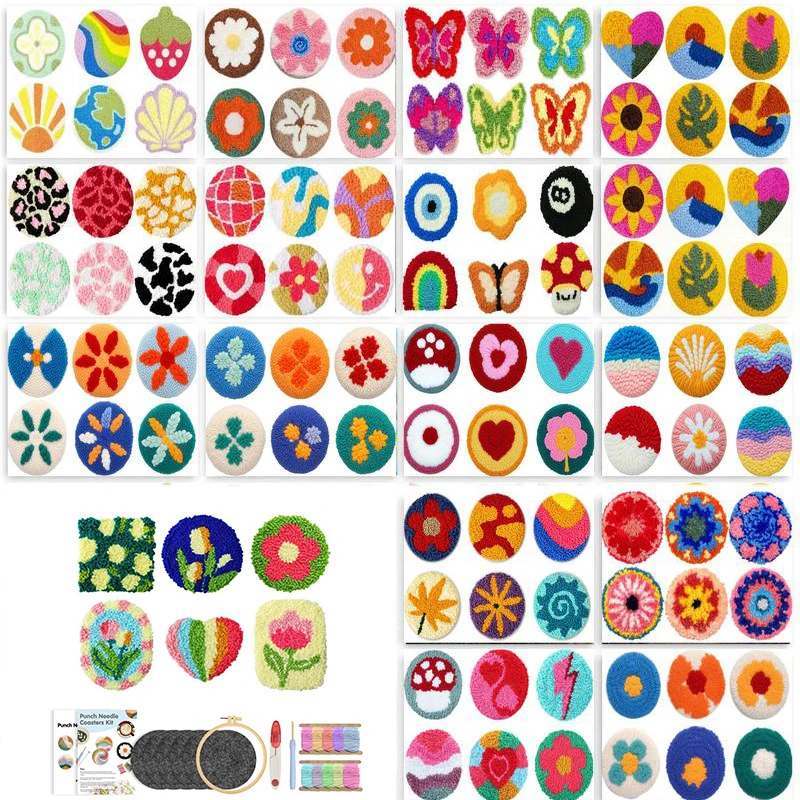 GATYZTORY 6Pcs Punch Needle Coasters Kit for Adults Funny Easy Art Punch Needle Embroidery Kit 6 Flower Pattern Tufted Rug Pads