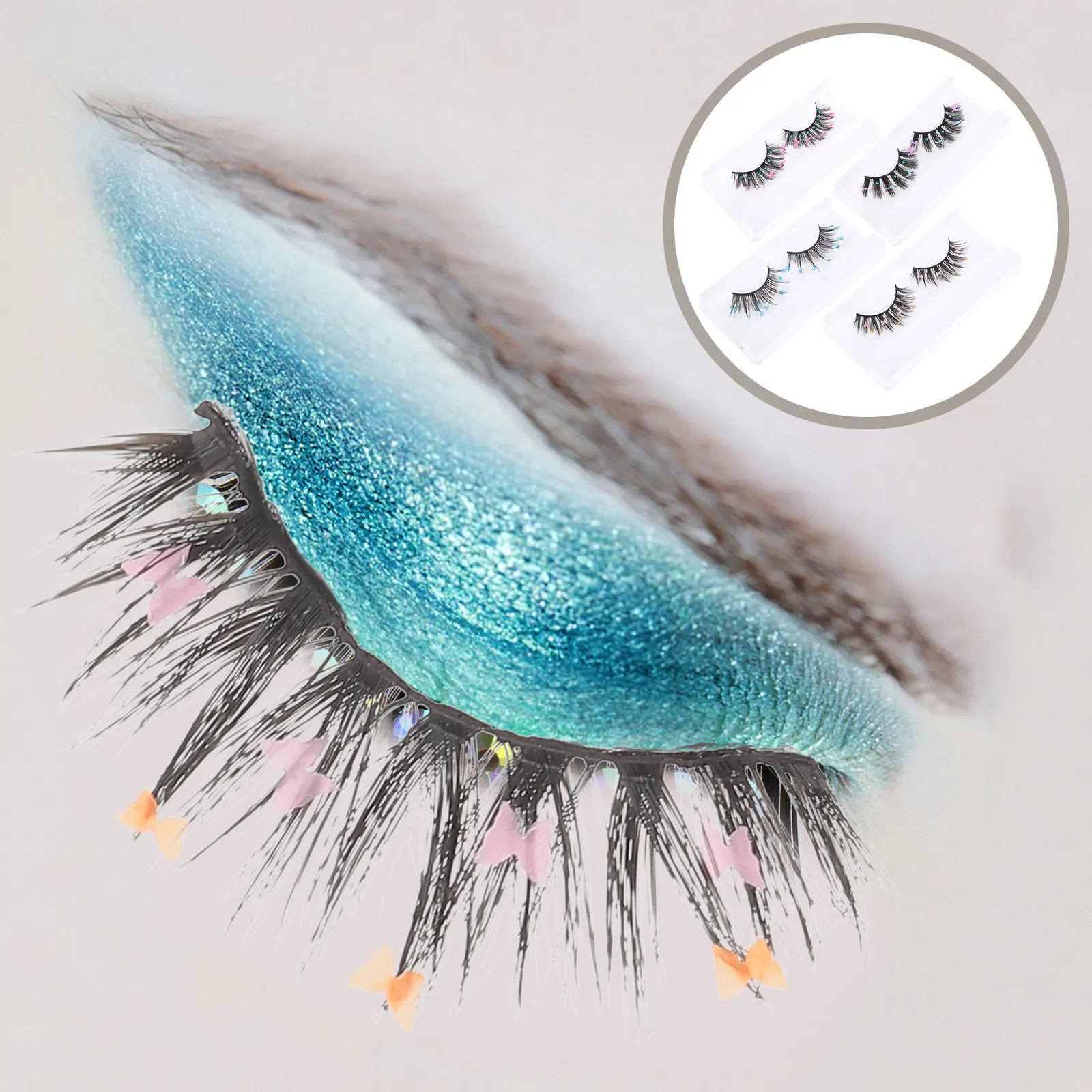 4 paia di ciglia finte lunghe glitterate, aspetto affascinante e rapido, farfalle drammatiche, paillettes, estensioni delle ciglia, ciglia colorate