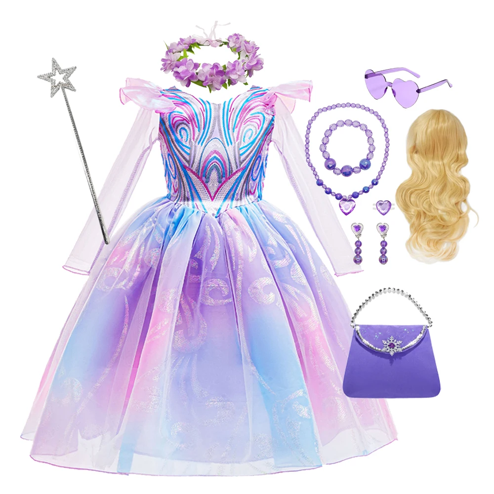 

Glinda Cosplay Costume Wicked Witch 2 Purple Sequin Dress Kids Long Sleeve Tulle Gown Halloween Party Carnival Kids Dress Up