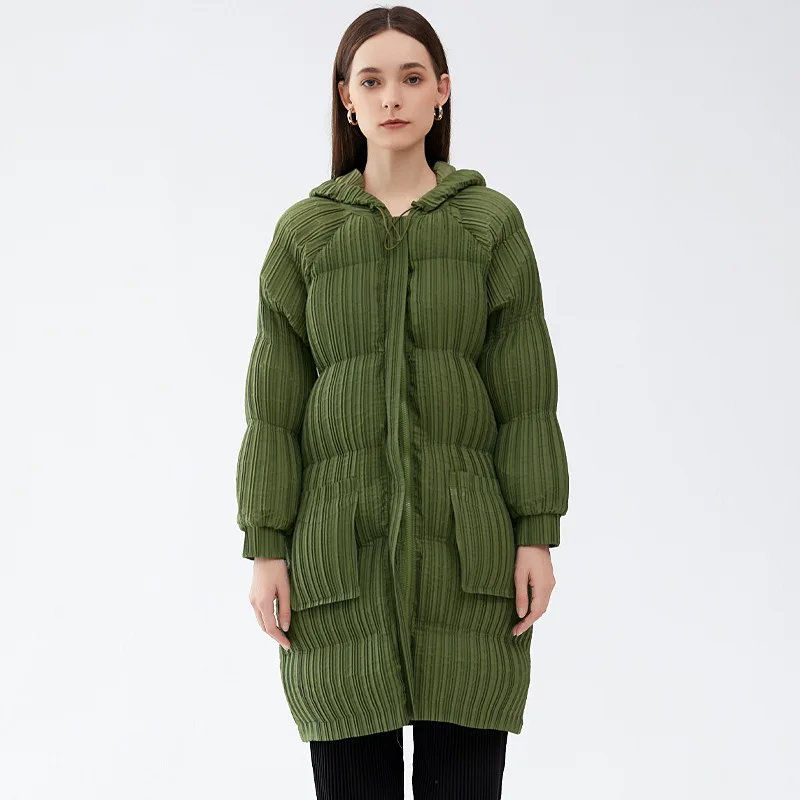 Boutique MIYAKE Style Winter new long down cotton hooded bread jacket for slimming and warmth pleated cotton clothing [6019]