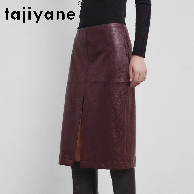 TAJIYANE Spring Women's Skirts Oil Wax Sheepskin Genuine Leather Skirt Straight Skirts for Woman Vintage Midi Skirt Split Front