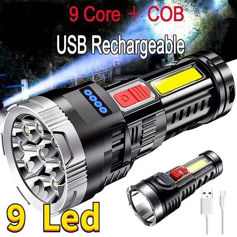 9 Core Super Bright LED Flashlight COB Outdoor Portable USB Rechargeable Strong Light Long Range Waterproof Hiking Camping