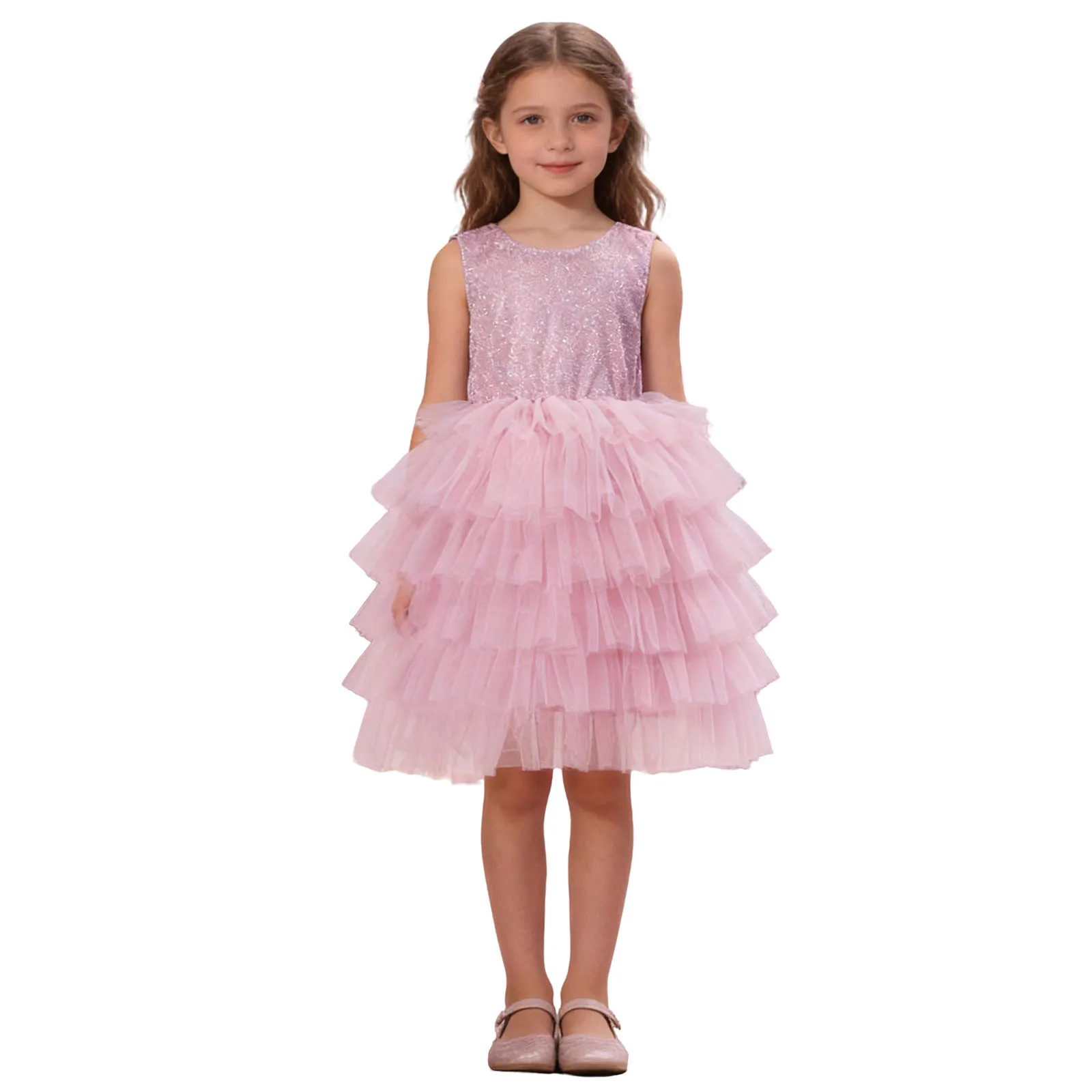 

Girls Pink Sleeveless Glitter Tiered Tulle Tutu Dress Sparkly Sequin For Birthday Party Wedding Flower Girl Pageant Performance