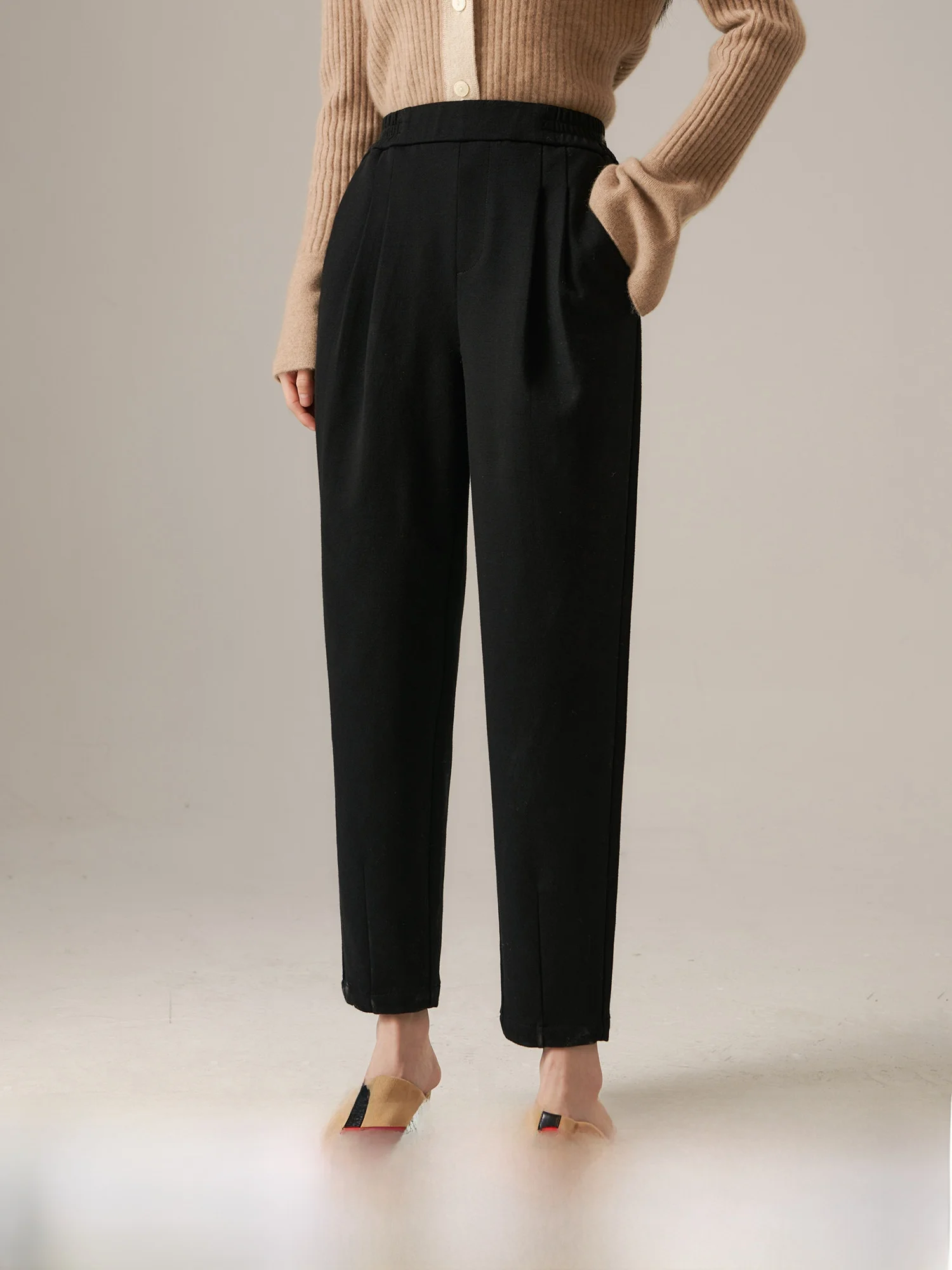 

Slimming Effect Woolen Cotton Fabric Commute Pants Women's Tapered Nine Points Casual Pants l Waist Elastic Waist