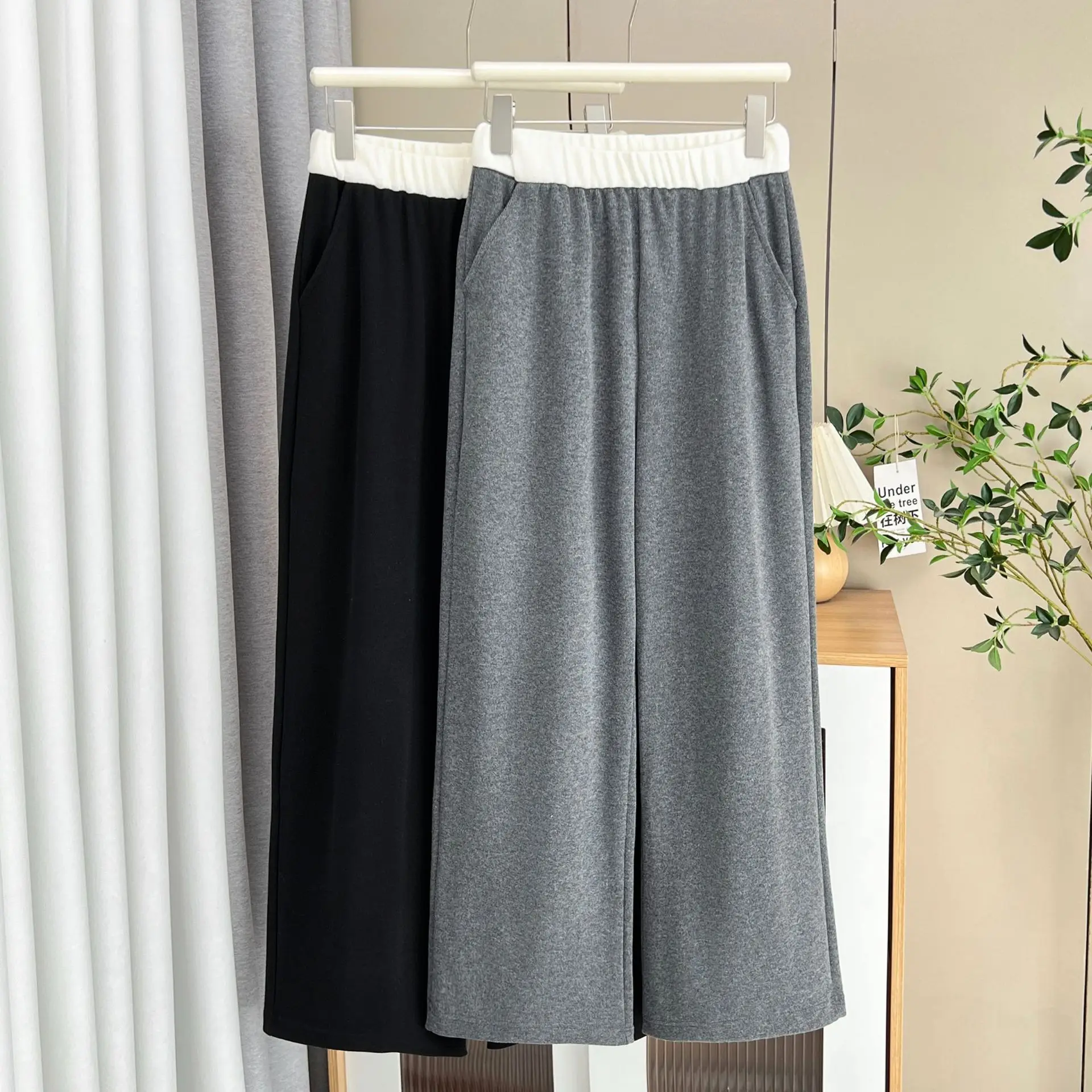 حجم كبير المرأة السراويل الساق المستقيمة الخريف عارضة اللون حجب هايت الخصر واسعة الساق السراويل 387