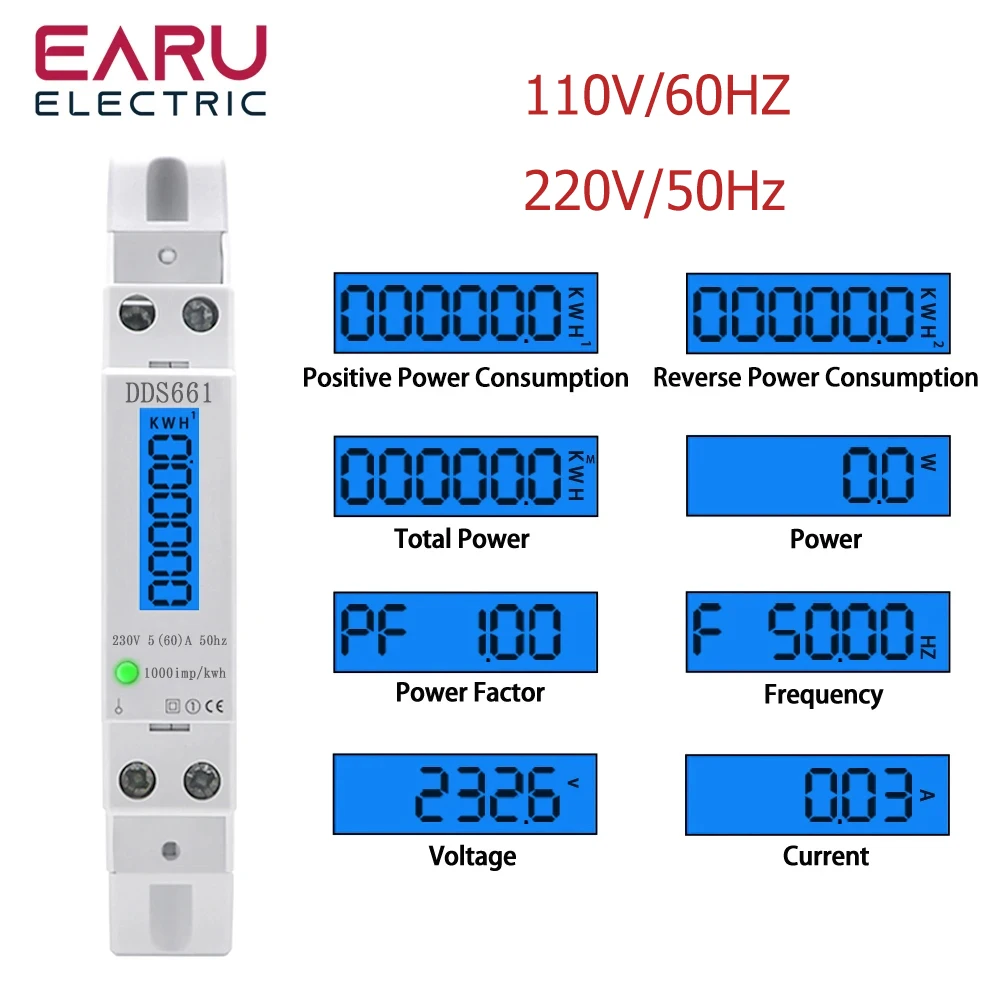 Wattmètre Monophasé avec Écran Numérique LCD, Rétro-Éclairage, Consommation KWh 5(60)A 110V/230ylique 50Hz Watt Din Rail Compteur d'Massage