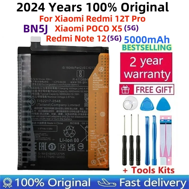 100% Original Battery 5000mAh BN5J For Xiaomi Redmi Note 12 5G / 12T Pro / POCO X5 5G Mobile Phone Batteries Bateria+Tools deep cycle 24v 300ah solar lifepo4 ups blue tooth pv battery lithium ion batteries