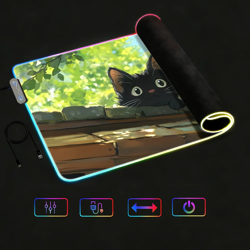 Cartoon Cute Cat Plant Mouse Pad RGB LED Light Colorful Game Keyboard Non-slip Cover Desk-mat Surface Waterproof view 5