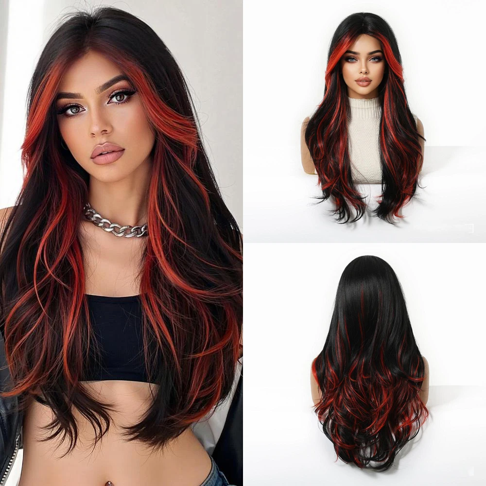 

High-Quality 24-Inch Black And Red Highlighted Synthetic Wavy Hair Is A Natural Wig Suitable For Women'S Daily Parties