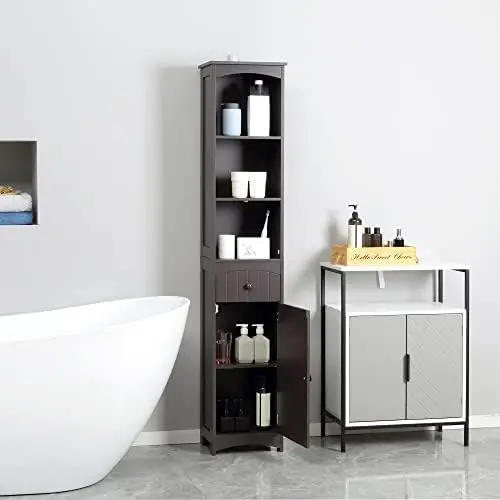 Bathroom Storage Cabinet, Free Standing Bathroom Storage Unit, Tall Linen Tower with 3-Tier Shelves and Drawer, Brown