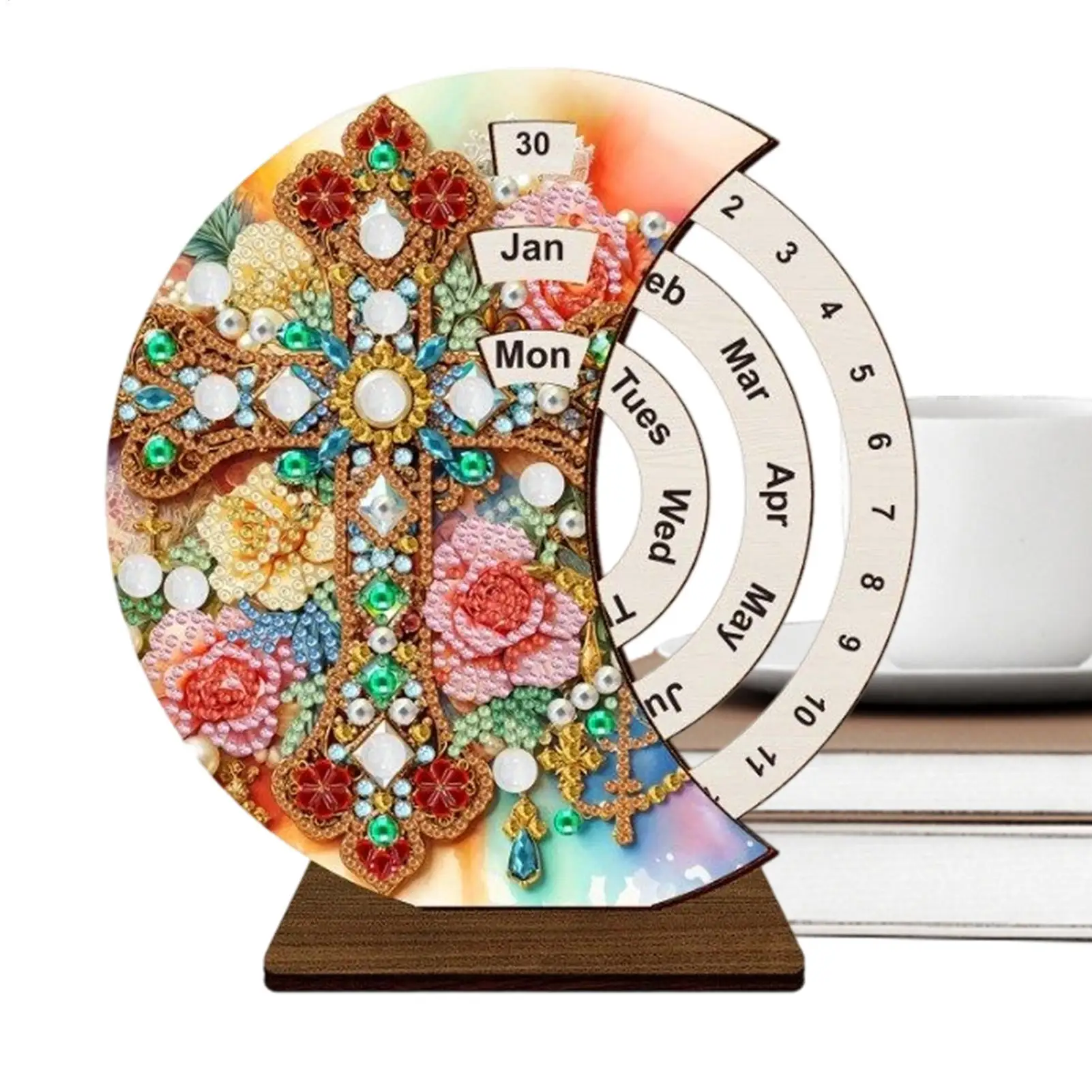 

Perpetual Calendar Wood 3D Rhinestone Art Wooden Perpetual Calendar Kits Home Decoration Desktop Stand For School Apartment