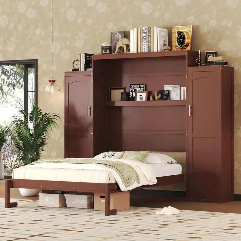 

Queen Murphy Bed with 2 Wardrobes and Storage Shelf, Wooden Foldable Queen Wall Bed Frame for Guest Room or Bedroom in Walnut