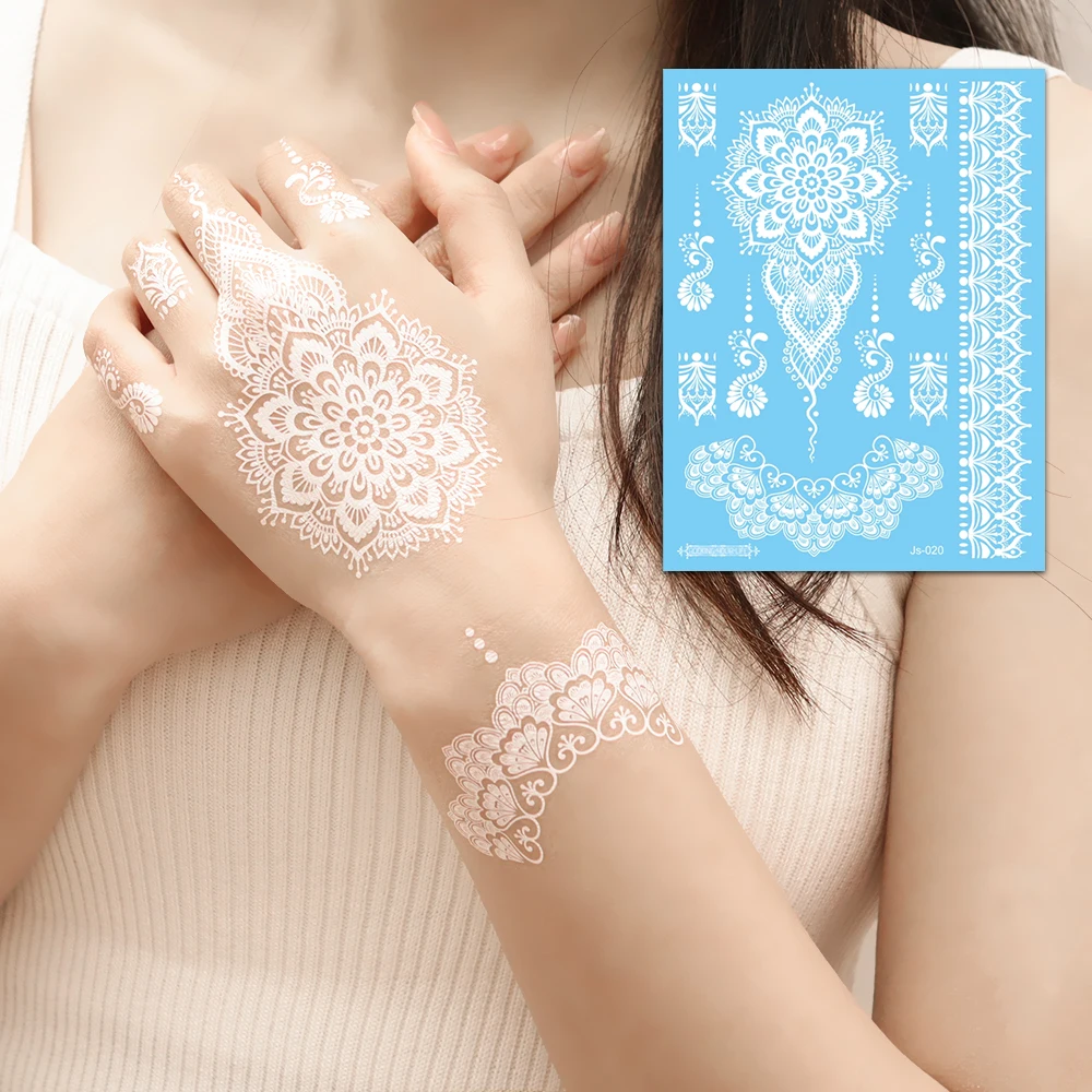 6 أوراق من الوشم المؤقت للحناء البيضاء للنساء - ملصقات فنية للجسم بوهو لنقل المياه مع تصميمات على شكل فراشة من الدانتيل والمدينة