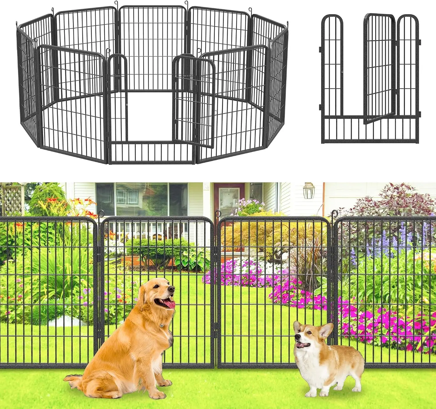 Garden Fence with Gate Temporary Dog Fencing for Yard, 22ft (L) x 32in (H) 10 Panels Metal No Dig Fence Panels Garden Edging