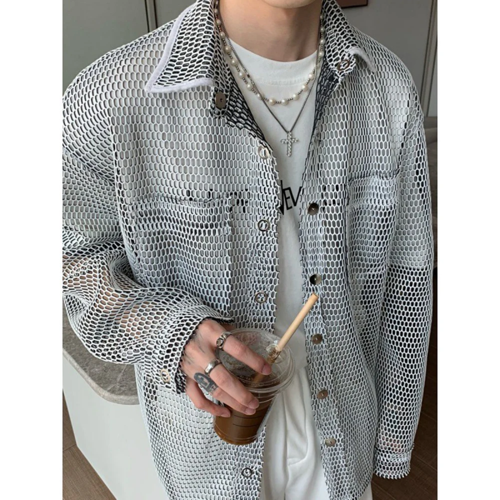 

Blouse Men Shirt Daily Holiday All Match Casual Harajuku Korean Lapel Loose Oversized Mesh Polyester Solid Color