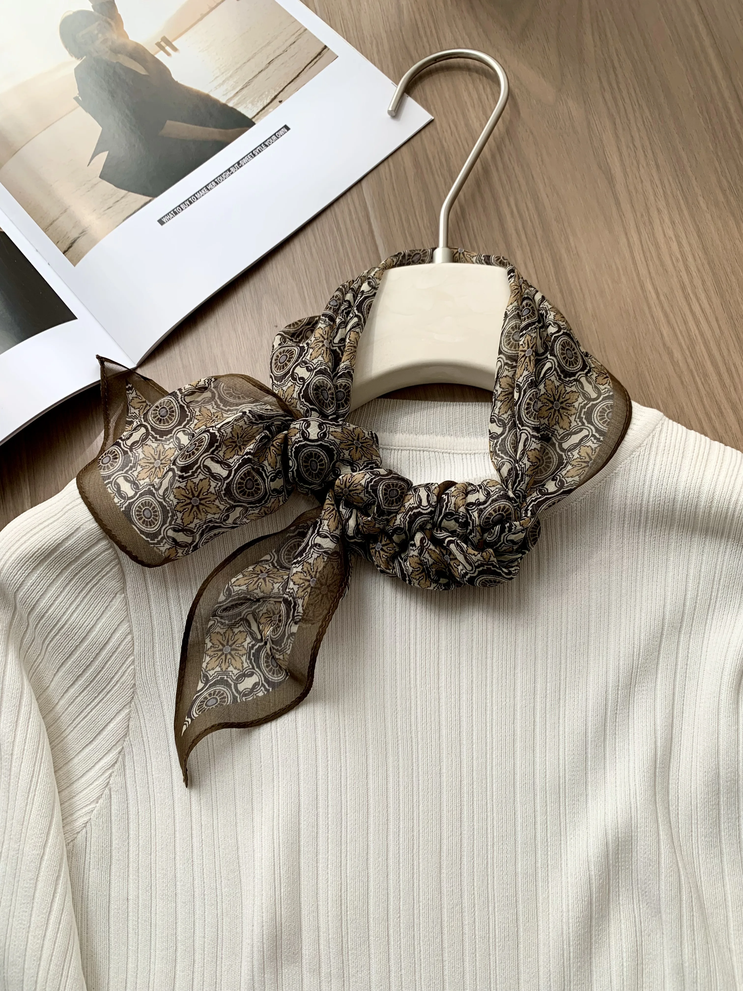 

100% Mulberry Silk Chiffon Long Scarf for Women - High-end Fashion Accessory with Small Collar Tie and Headband