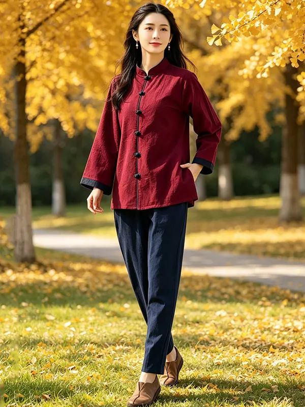 2026 Autumn Retro Chinese Shirt Large Size Women's Loose Morning Exercise Tai Chi Clothing Cotton and Linen Zen Clothing Top