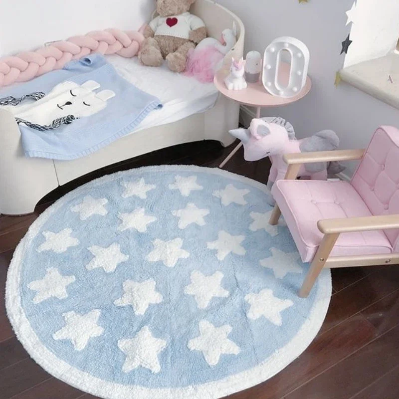 Round Star Pattern Fluffy Carpet for Living Room Nursery Play Mat for Children Cartoon Cute Soft Plush Carpet Bedroom Rugs