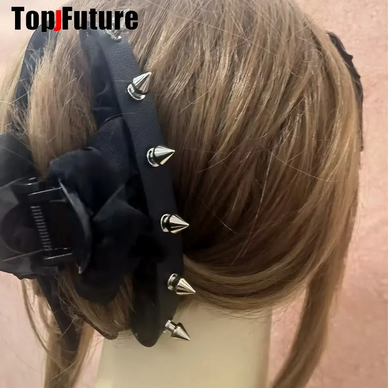 Streetwear Gothic Spike Hair Grab Punk Hip Hop Leather Spike Rivet Clip Women Claw Lace Ruffle Hair Accessories Hair Grab