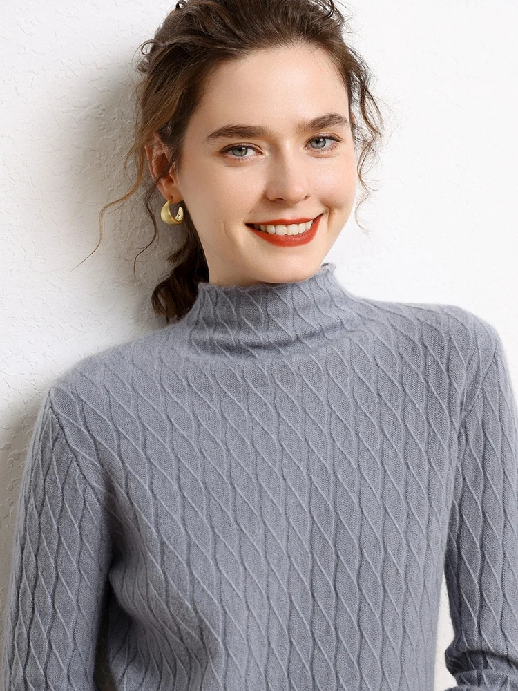 새로운 여성 패션 솔리드 터틀넥 풀오버 100% 캐시미어 스웨터 가을 겨울 따뜻한 소프트 케이블 스티치 그레이스 의류상의