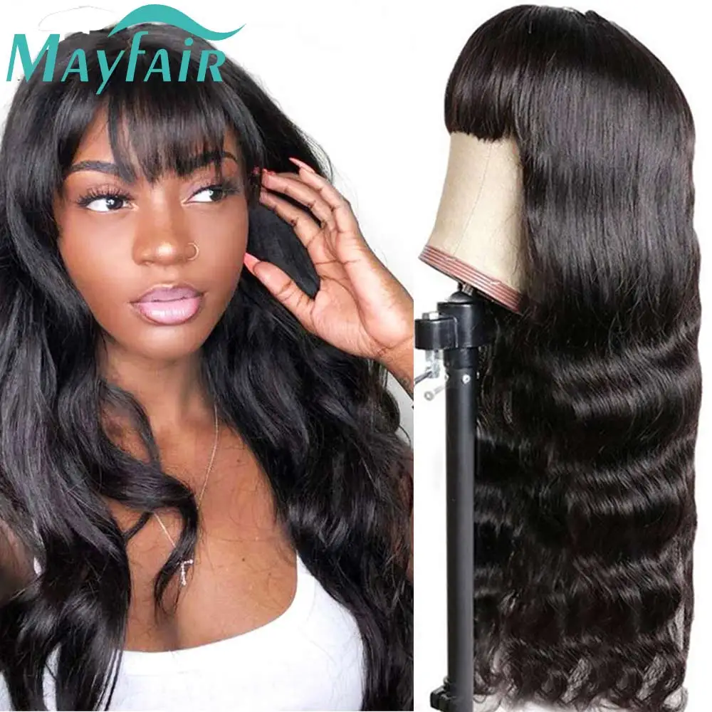 

Human Hair Wigs With Bangs Body Wave Full Machine Made Wigs For Women Remy Indian Human Hair Wigs Natural Black 8-32 inch