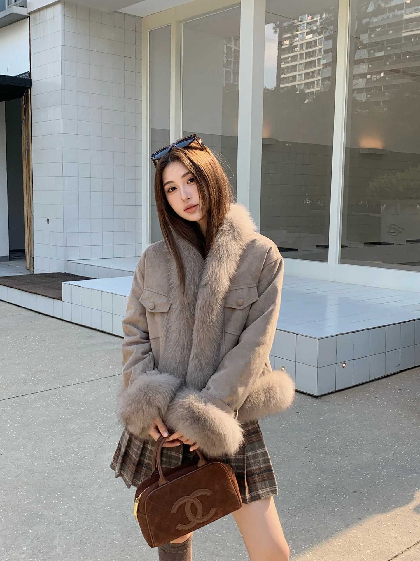 Chaqueta de plumón de ganso con cuello de piel Mis Island, de ante, para mujer, estilo coreano, cómoda, juvenil, ajuste universal.